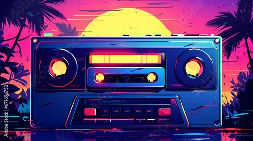 Cassette tape in neon colors, retro design, old music carrier photo