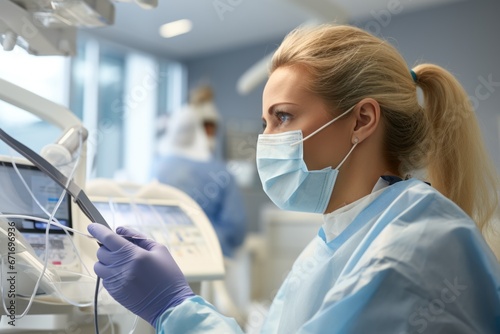 The patient talked with the dentist about oral health showing an x-ray on the monitor. Orthopedist wearing a protective mask photo