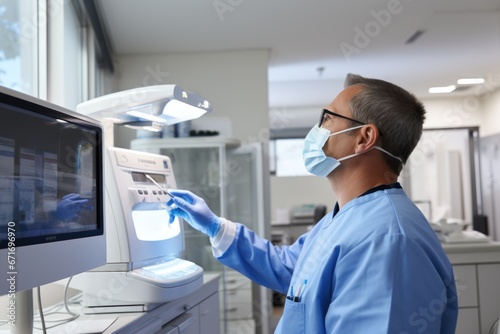 The patient talked with the dentist about oral health showing an x-ray on the monitor. Orthopedist wearing a protective mask