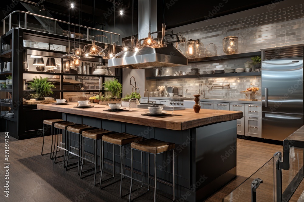 Stylish modern kitchen featuring open shelving, stainless countertops, and ambient lighting over a wooden-topped island with bar stools - obrazy, fototapety, plakaty 