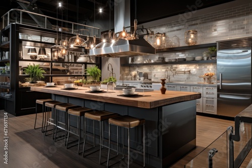 Stylish modern kitchen featuring open shelving, stainless countertops, and ambient lighting over a wooden-topped island with bar stools photo