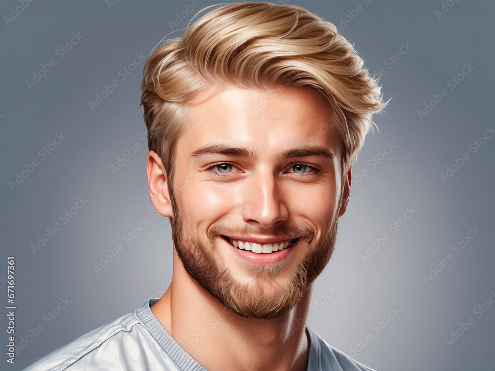 Blond man with light blue eyes smiling. Blond man with light blue eyes smiling.