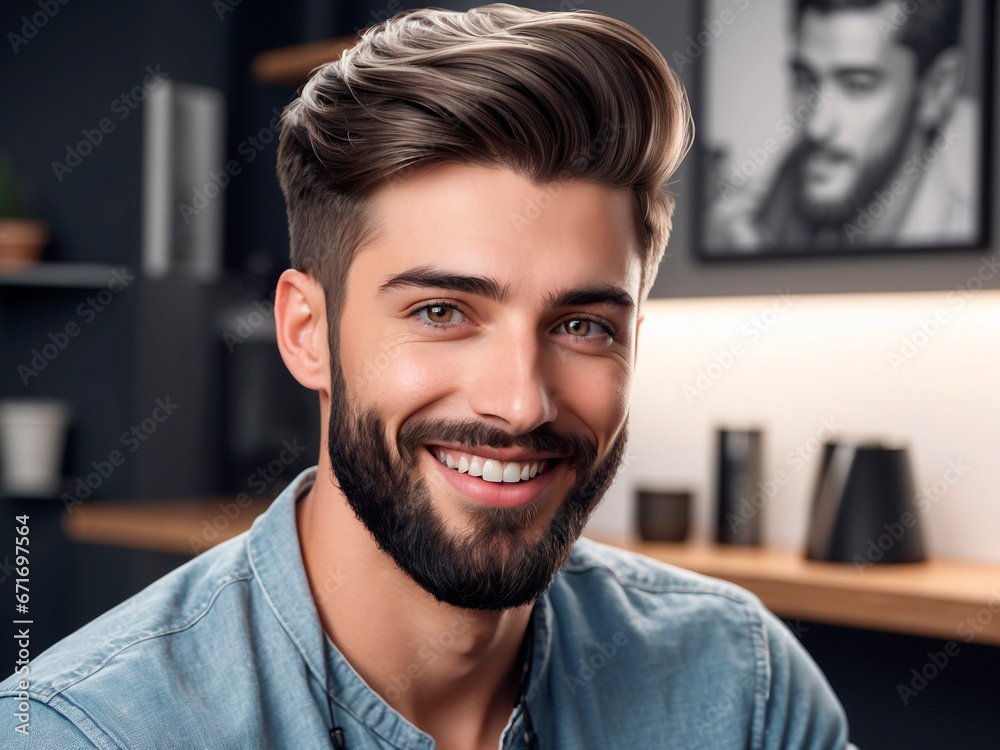 Obraz premium Man getting hair and beard done in a barbershop.