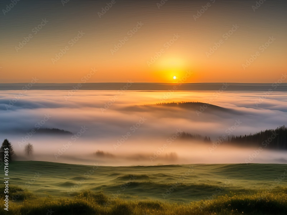 nature, landscape, field, sunrise, fog 