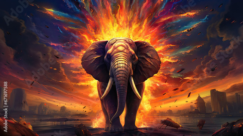 A majestic elephant amidst a radiant explosion of daybreak Ai Generative