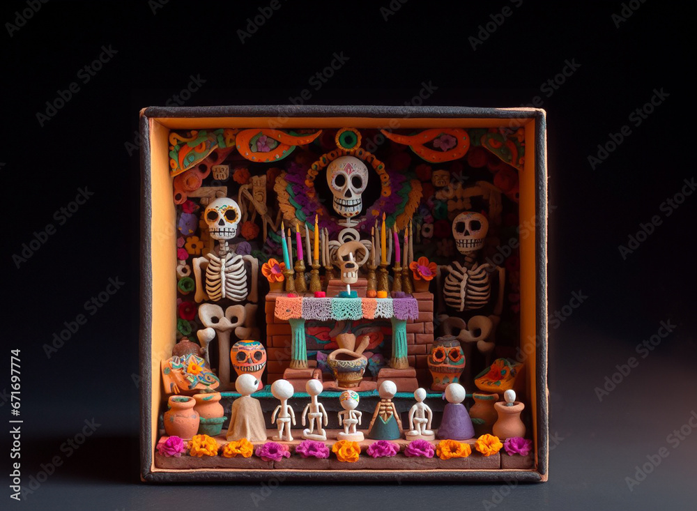 Obraz premium Altar de dia de muertos en un arte de caja de cerrillos 