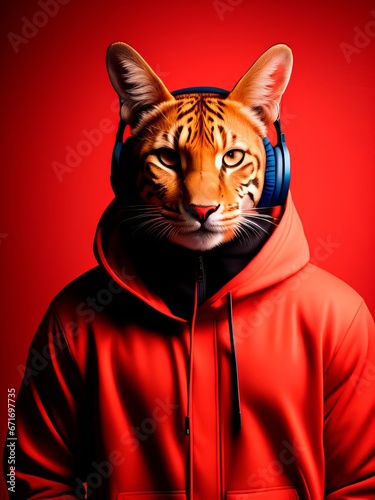 a cheetah wearing headphones and a red jacket with a hoodie on it's face is looking at the camera, animal photography