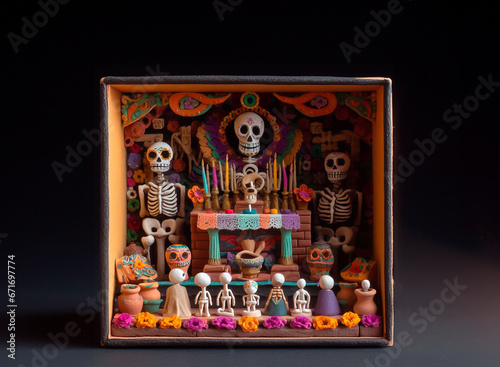 Altar de dia de muertos en un arte de caja de cerrillos 