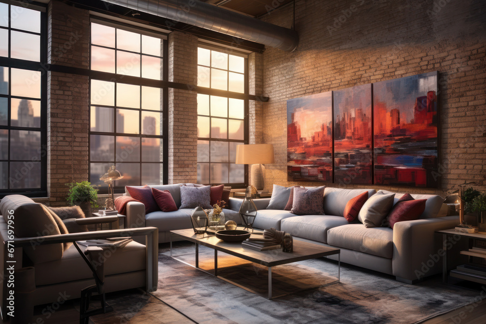 Elegant loft apartment interior at sunset with city skyline view, exposed brick, artistic canvas.
