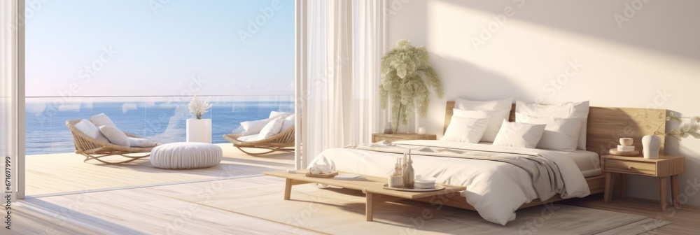Elegant coastal bedroom interior mockup with ocean view, soft morning light, and modern decor