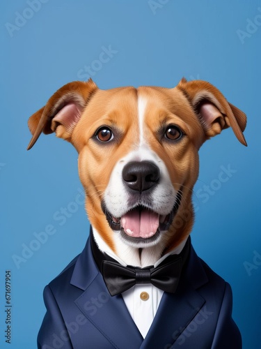 a dog a suit looking at the camera  animal photography  art photography  blue backgr