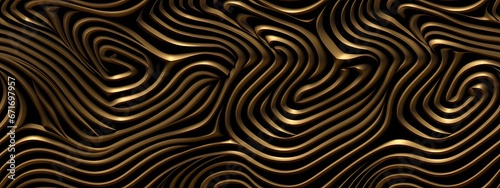 Seamless golden striped wave pattern. Vintage abstract gold plated relief sculpture, black background. Modern elegant metallic luxury backdrop. Maximalist gilded wallpaper © Eli Berr