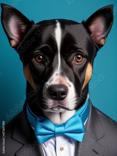 a dog a suit looking at the camera, animal photography, art photography, blue backgr
