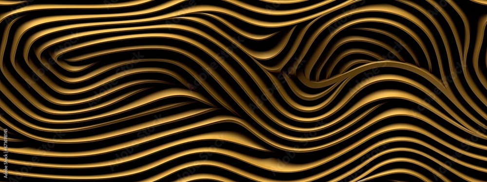 Seamless golden striped wave pattern. Vintage abstract gold plated relief sculpture, black background. Modern elegant metallic luxury backdrop. Maximalist gilded wallpaper