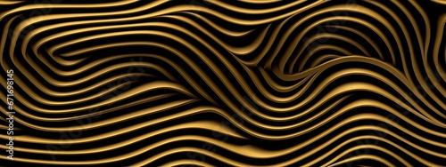 Seamless golden striped wave pattern. Vintage abstract gold plated relief sculpture, black background. Modern elegant metallic luxury backdrop. Maximalist gilded wallpaper © Eli Berr