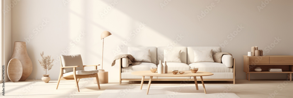 Scandinavian living room interior with a neutral color, stylish furniture,, ideal for mock-up - obrazy, fototapety, plakaty 