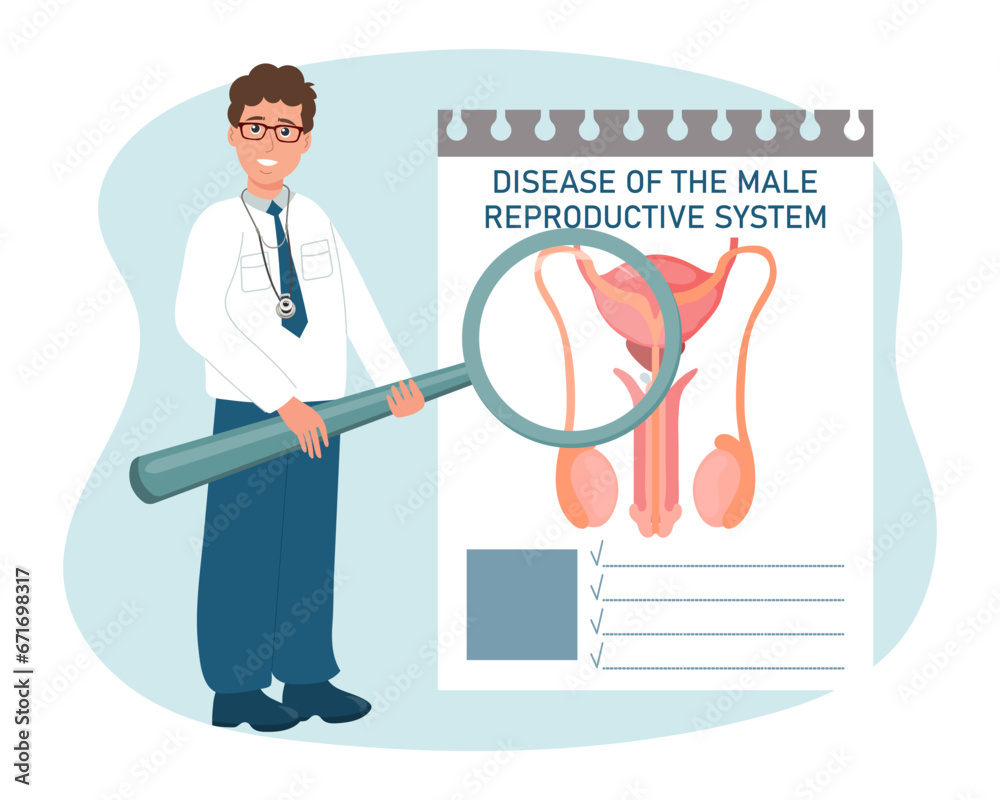 A male doctor with a magnifying glass examines the diseases of the male reproductive system. Medical healthcare concept. Vector A male doctor with a magnifying glass examines the diseases of the male reproductive system. Medical healthcare concept. Vector