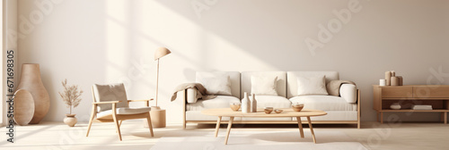Scandinavian living room interior with a neutral color, stylish furniture,, ideal for mock-up