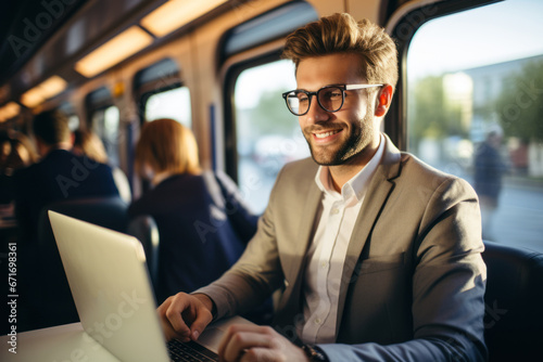 Smiling businessman working on laptop while traveling on the passenger train. © sirisakboakaew
