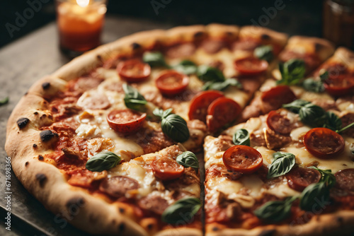 Delicious fresh pizza served on wooden table Generative AI 