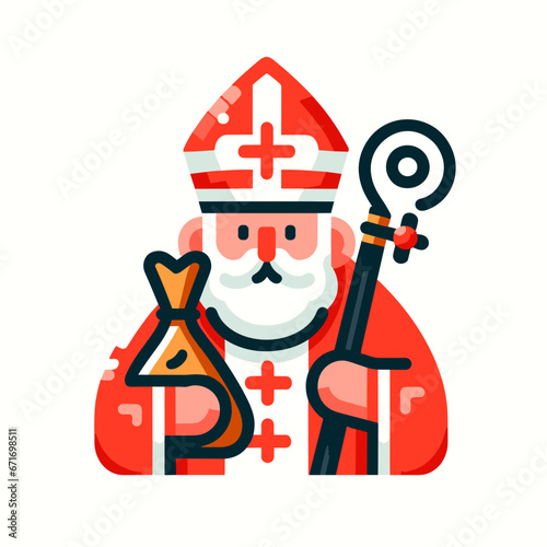 Clipart de Saint Nicolas tenant sa crosse et un sac de jouet. Route et blanc