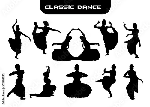 Hand Drawn Vector Traditional Asian Classic Dance Bharatayam of India Simple Silhouette Icon, Symbol pose isolated background