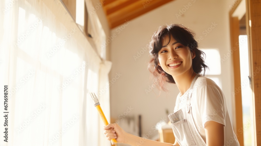 Young asian happy woman painting interior wall with paint roller in new house, Home Young asian happy woman painting interior wall with paint roller in new house, Home