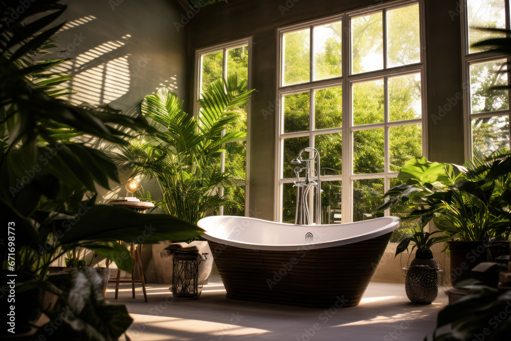 Elegant bathroom natural light, showcasing a dark wood freestanding tub amidst lush green plants