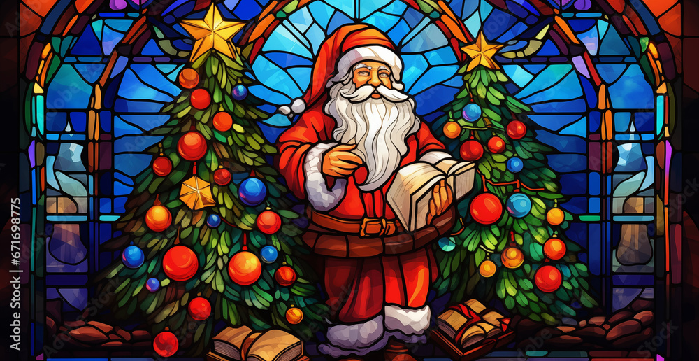 christmas, santa, presents, christmas tree in the style of stained glass, with neon colors on a white background
