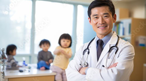 Asian pediatrician stands in clinic, overlooking vaccination area.
