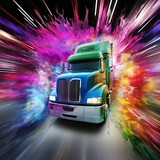 AI generated illustration of a vibrant pickup truck driving through colorful smoke