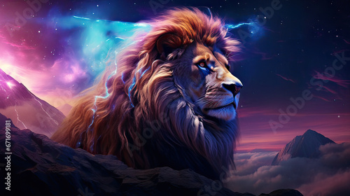 A regal lion roaming under the vivid  aurora-filled night sky Ai Generative