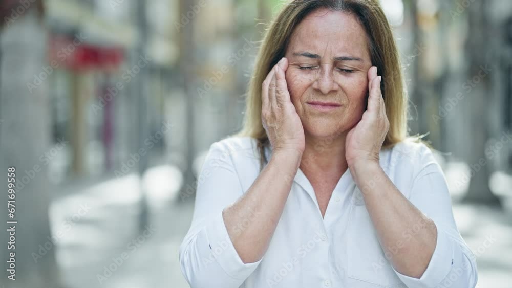 Middle age hispanic woman suffering for headache at street Middle age hispanic woman suffering for headache at street