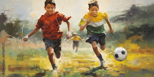 Two teenagers play soccer on a field surrounded by bright colors while the ball flies in the air.