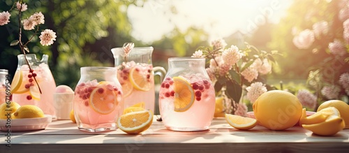 Outdoor party drink setup with themed decor and homemade fruit infused lemonade in small bottles photo