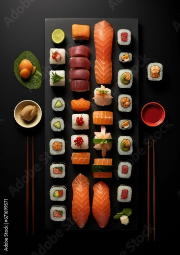 AI generated illustration of An appetizing plate of sushi featuring a variety of sushi rolls photo