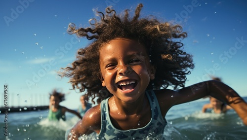 A laughing dark-skinned teenage girl with long curly hair swimming in the sea. © volga