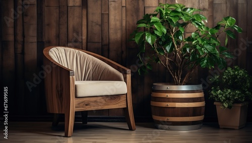 A room corner with wooden walls, a chair, and various plants.