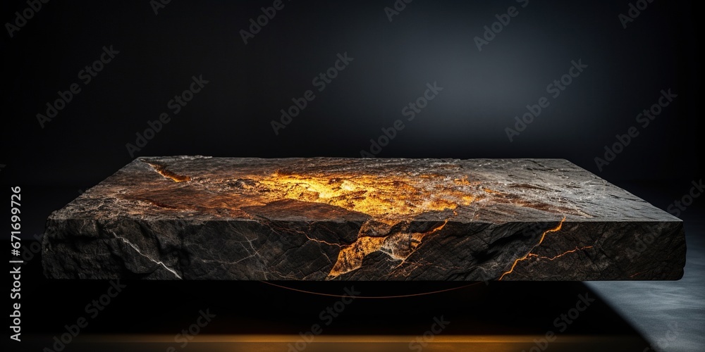 Piece of stone with inner light illuminating cracks on a dark background. Stand for product presentation.