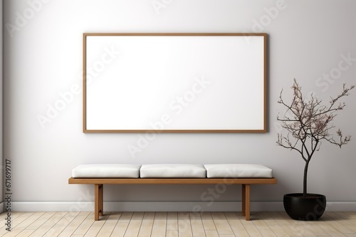 A room with an empty white frame, a green plant and a wooden bench with pillows. Print frame mockup