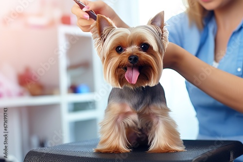 A Yorkshire terrier puppy being groomed by an adult blonde with short hair.