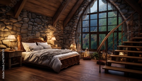 A bright bedroom with a wooden bed, stone walls, and a large window overlooking a mountainous landscape.