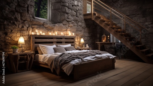 A cozy bedroom with a bed, bedside table, and table lamp in a room with stone walls and a wooden staircase.