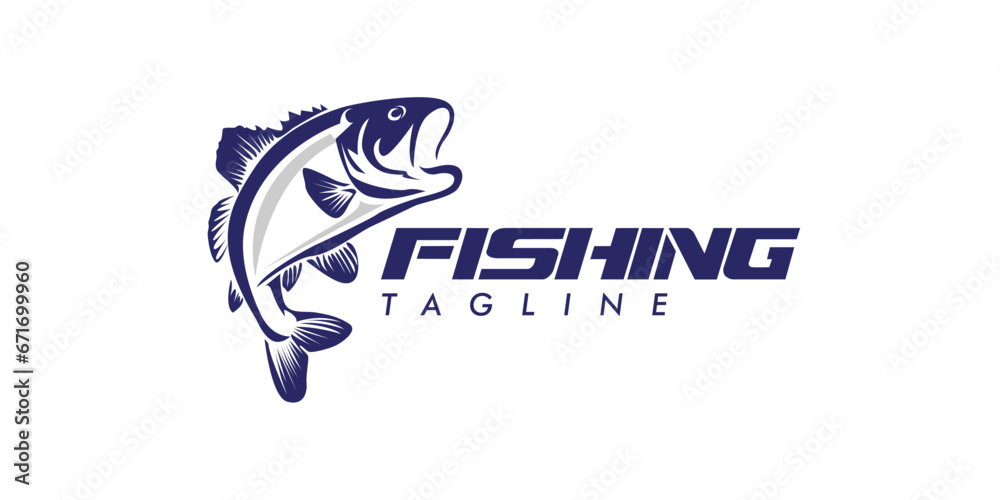 fish logo for fishing business bass jump out of the water hook strike hunt - obrazy, fototapety, plakaty 