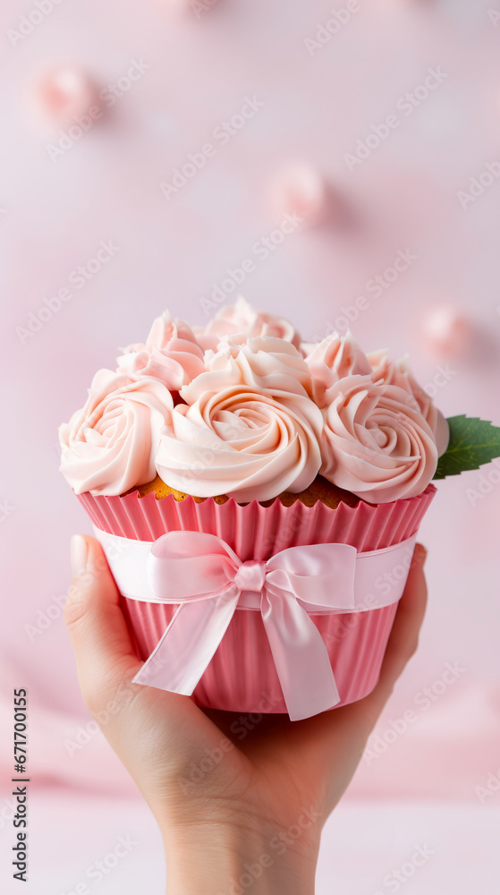 Woman's hand holding Pastel Pink Roses Frosted Giant Cupcake with satin ribbon and bow. Vertical, side view. Woman's hand holding Pastel Pink Roses Frosted Giant Cupcake with satin ribbon and bow. Vertical, side view.