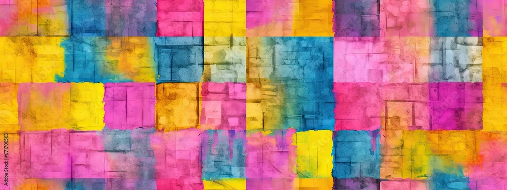 Seamless pop art grunge paint checker squares background pattern. Trendy vibrant gender neutral 80s neon pink, yellow blue dopamine dressing textile. Contemporary fashion fabric texture Seamless pop art grunge paint checker squares background pattern. Trendy vibrant gender neutral 80s neon pink, yellow blue dopamine dressing textile. Contemporary fashion fabric texture