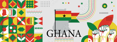 Ghana national or independence day banner for country celebration. Flag and map of Ghana with raised fists. Modern retro design with typorgaphy abstract geometric icons. Vector illustration.