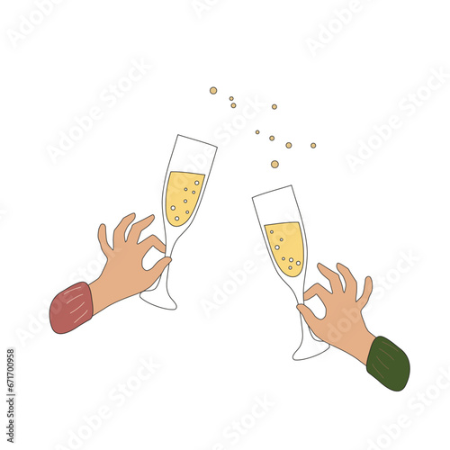 Hands clinking glasses of champagne with bubbles. Celebrating with drinks.