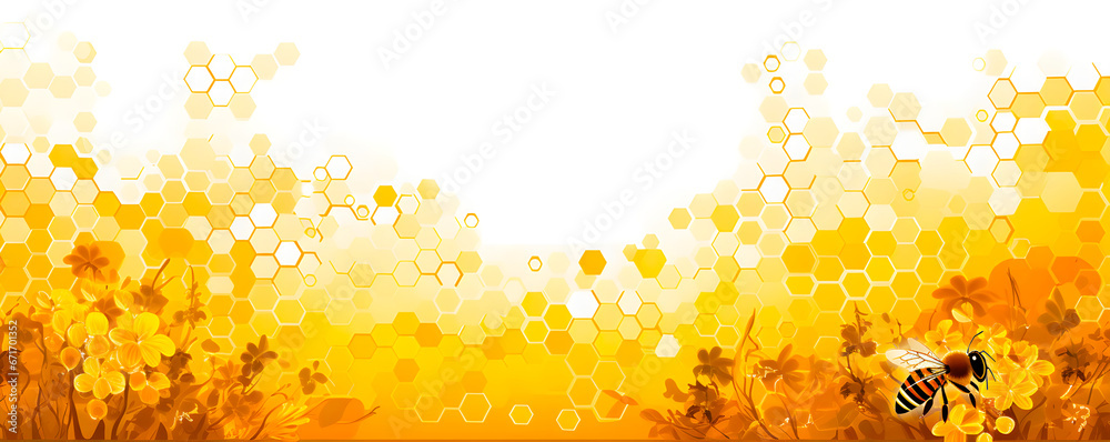 Golden background with honeycomb pattern, bright flowers, and a bee. It looks warm and related to nature - obrazy, fototapety, plakaty 