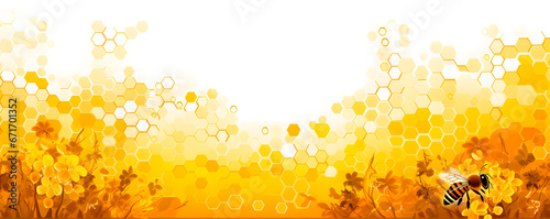 Golden background with honeycomb pattern, bright flowers, and a bee. It looks warm and related to nature